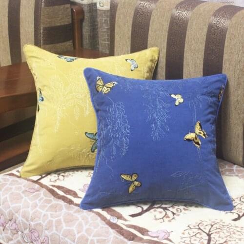 American Rural Style Embroidered Butterfly Cushion Cover Plush Solid Blue Throw Pillowcase Home Hotel Decor Waist Pillow Cover