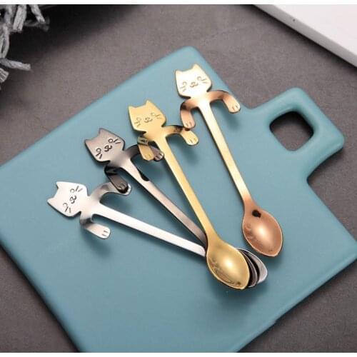 Stainless Steel Coffee Tea Spoon Mini Cat Long Handle Hanging Spoon Drinking Tools Kitchen Gadget Flatware Tableware SN924