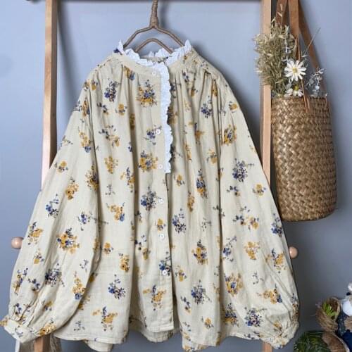 Japan Style Mori Girl Floral Print Hollow out Lace Stand Collar Double Cotton Yarn Single Breasted Long Sleeve Shirt