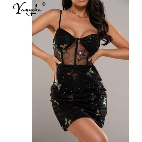 Sexy See through sequin Butterfly slip summer Dress women Party Night club outfits Mini prom dresses bodycon strap Dress vestido