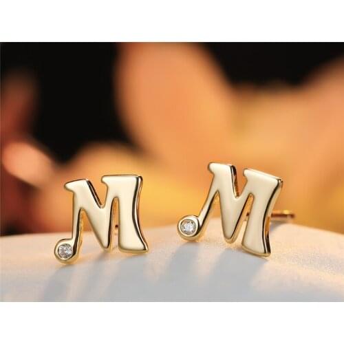 White Round Small Stone Letter M Stud Earrings For Women Wedding Jewelry Vintage Fashion 925 Sterling Silver Gold Color Earrings