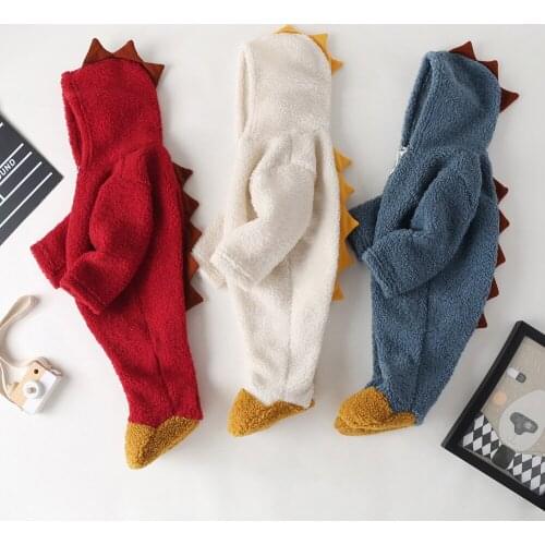 Infant Newborn Baby Thick Coral Fleece Footies Dinosaur Long Sleeve Hooded Jumpsuit Autumn Winter Warm Girls Boys White/Red/Blue