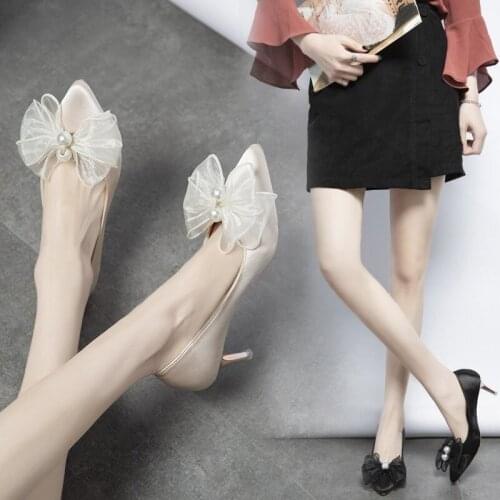 Elegant Sweet Women Pumps Genuine Leather Pointed Toe Shallow High Heels Shoes Woman Spring New Pearl Butterfly-Knot