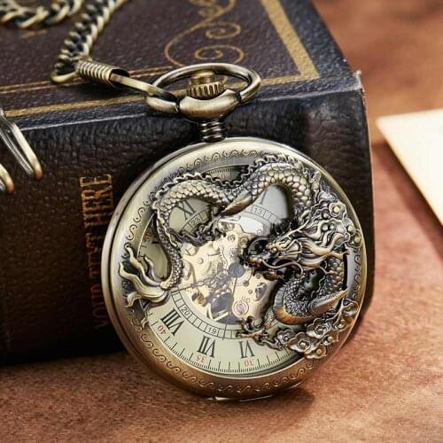 Vintage Bronze Dragon Hollow Exquisite Sculpture Mechanical Skeleton Retro Pocket Watches Men Chains Lucky Lover Wedding Gifts