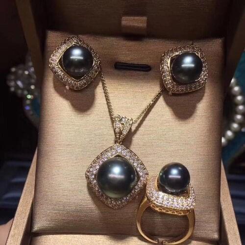 D116 Fine Jewelry Natural Ocean Sea Tahiti Black Pearls 11-13mm Females Jewelry Sets for Women FIne Jewelry Sets