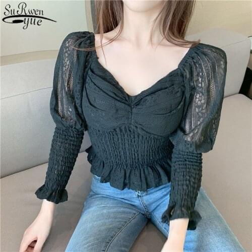 Women Long Sleeve Lace Shirt Women Square Collar Hollow Out Ruffled Lace Tops Fashion Women Blouses Ropa Mujer 12966
