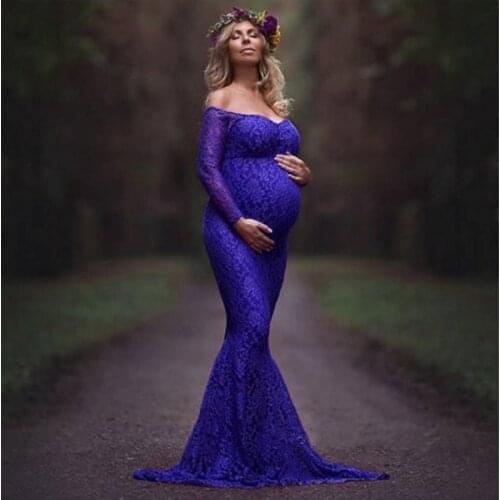 Womens Maternity Clothing Lace Long-sleeve Dress for Pregnant Elegant Prom Dresses Photo Shoot White Blue Pregnancy Gown Dress