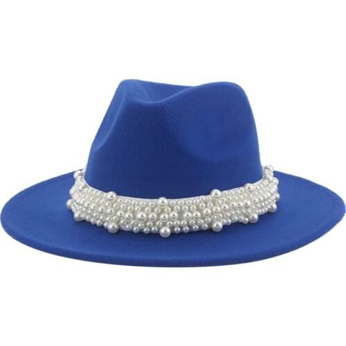 Women hats winter wide brim band belt pearl luxury brand jazz caps formal church winter women hats white pink fedora felted hats