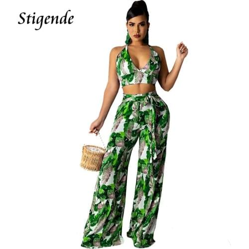 Stigende Summer Palm Leaf Two Piece Pants Set Women Summer 2 Pcs Outfits Casual Bandage V Neck Crop Top and Wide Leg Trousers