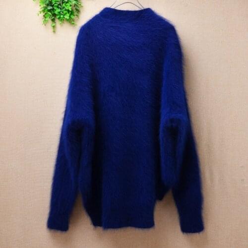 Ladies women fashion blue medium long mink cashmere slash neck loose oversized pullover angora raabit fur knitted winter jumper