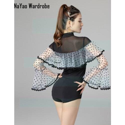 2021 New 6019 Lotus Sleeve Patchwork Female Latin Dance Bodysuit Women Performance Modern Dancing Tops Latino Dancewear