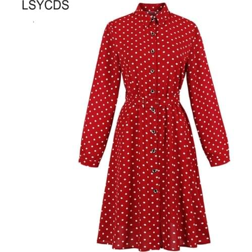 LSYCDS 2020 Fall Women Polka Dot Belted Long Sleeve Autumn Dresses Single Breasted Vintage Turn-Down Collar Red Shirt Dress