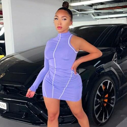 Womens Vintage Bodycon Mini Dress Sexy Long Sleeve One Shoulder Crewneck Short Evening Club Dress 2021 Streetwear Outfits