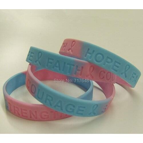 100pcs Hope Faith Strength Courage Blue and Pink Awareness wristband silicone bracelets free shipping by epacket A