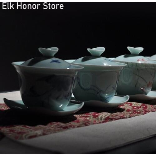 160ml Fashion Celadon Lotus Art Tea Tureen Ceramic Bowl With Lid Sopera Kung Fu Tea Cup Teaware Office Decoration Birthday Gift