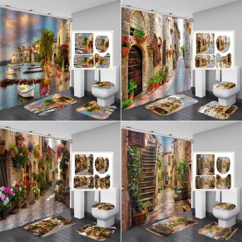 180*180cm Street Alley Shower Curtain Nordic Garden Flowers Scenery Bathroom Curtains Anti-skid Rugs Toilet Lid Cover Bath Mat