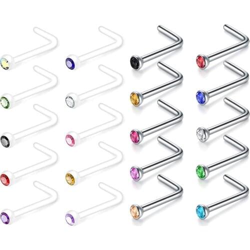20G 22Pcs Clear Nose Stud with CZ, Flexible Acrylic Nose Bone Nose Screw Nose Stud L Shaped Retainer for Nose Piercing