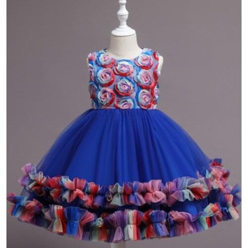 2021 Blue Girl Dress Flower Causal Baby Girl Tutu Dress Birthday Princess Wedding Performance Kids Clothing for Girls Size