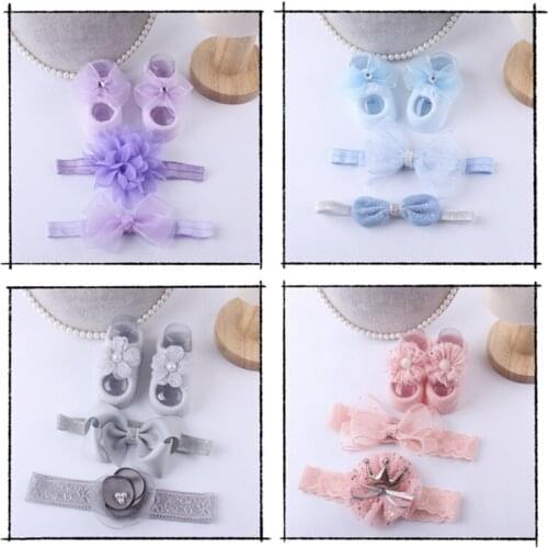 3Pcs Baby Crown Headbands + Socks Set Kids Newborn Baby Cartoon Socks Anti-slip Floor Sock Shoes Bowknots Socks Baby Gifts 0-2T