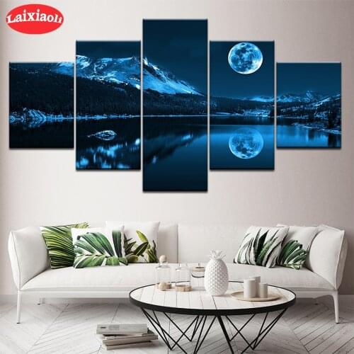 Diamond Painting Natural landscape, blue moon Full Drill Square DIY Diamond Embroidery Cross Stitch Mosaic round Home Decor5 PCS