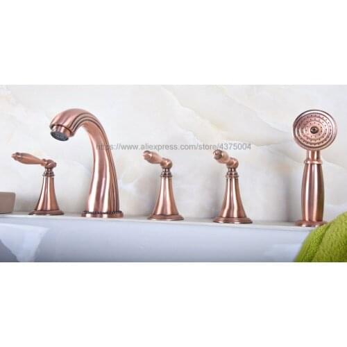 Antique Red Copper Deck Mounted 3 Handles Bathroom Tub Faucet 5 Holes Hand Shower Sink Mixer Tap Ntf195