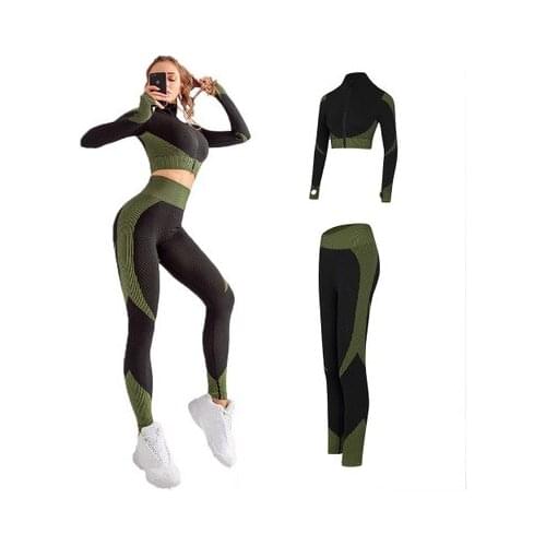 Seamless 2 PCS Women Yoga Set Gym Clothing Fitness Leggings+Cropped Shirts Sport Suit Women Long Sleeve Tracksuit Wear
