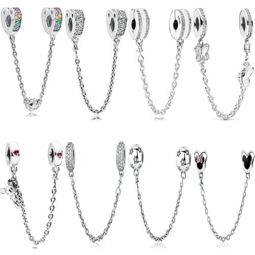 2020 real 925 sterling silver NO LOGO clip Safety Chain Charm Fit pandora bracelet safety chain DIY jewelry