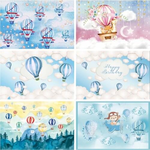 Laeacco Birthday Backdrop Blue Sky White Clouds Hot Air Balloons Stars Kids Newborn Photocall Baby Shower Photography Background