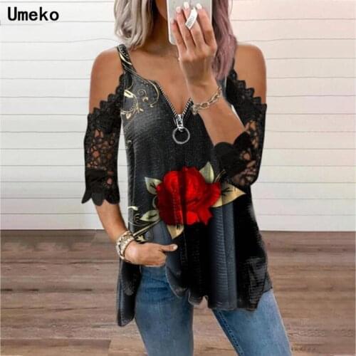 Umeko Women T-shirt Music Equipment Printed Pattern Lace Short Sleeve Zip V-neck Tops Off Shoulder Patchwork Leisure Tops Cloth