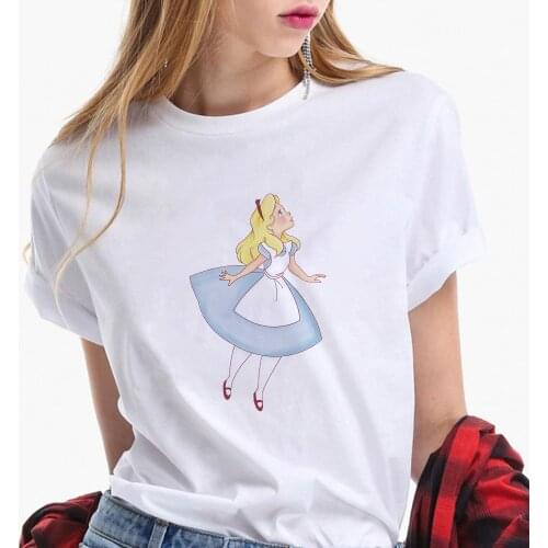 Disney T Shirt Summer Short Sleeve Casual White O-neck Streetwear Female T-shirts Alice In Wonderland Print Cartoon Tee Shirts