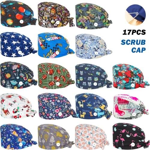 Wholesale New Scrubs Cap Cotton Anime Printing Adjustable Nursing Hat Beauty Salon Pet Shop Working Accessories Women Scrub Caps