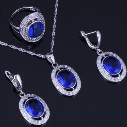 Jolly Oval Blue Cubic Zirconia White CZ Silver Plated Jewelry Sets Earrings Pendant Chain Ring V0986