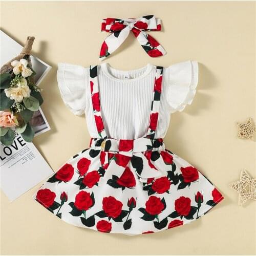 Three Piece Baby Girl Clothes Suit Solid Color Fly Sleeve T-shirt Rose Flower Suspender Skirt with Headband Outfits