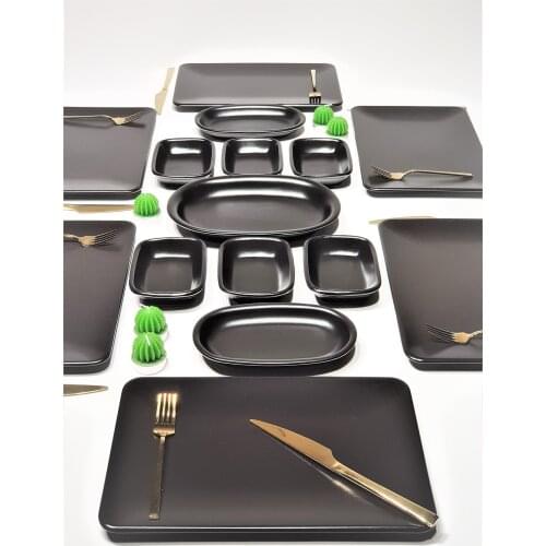 Matt Black Square 15 Piece 6 Personality Breakfast Ceramic Sweet service Dinner set Dish Makinasında Wash Suitable
