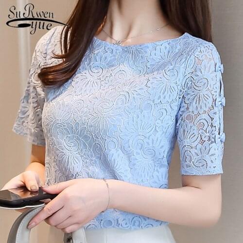 Fashion Lace Women Blouses Shirt Summer Short Sleeve Women Tops Hollow Lace Blouse Women Shirt Female Blusas Femininas 0361 40
