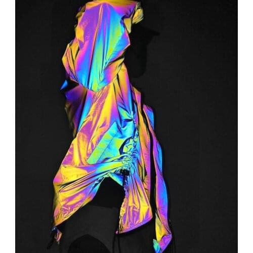 Rainbow Hip Hop Reflective Jacket Men Fashion Drawstring Sleeve Zipper Jacket Male Cycling Walking Running Fluorescent Clothing