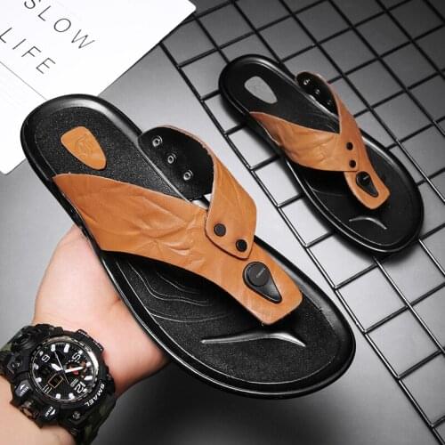Men Beach Slippers Outdoor Home Sandals Male Swimming Sport Sneaker Flip Flops for Man Leather Shoes New Mens Summer Flat Shoes