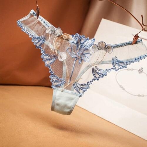 2021 New Sexy Mesh Gauze Transparent Women Panties Thong Lace Floral Cotton Crotch Low Waist T-back G-String Female Underwear