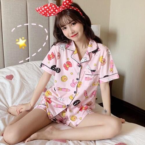 Kawaii Cotton Sleepwear Cute Print Pajamas Sets For Women Short Sleeve Pink Homewear Female Sexy Cardigan Nightwear