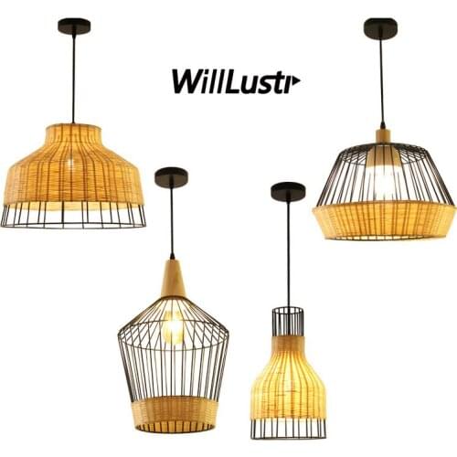 Hand Knitted Bamboo Pendant Lamp Retro Iron Industial Suspension Hanging Light Hotel Restaurant Club Lounge Dining Room Bedroom