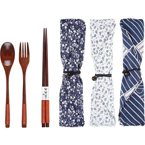 Portable Tableware Wooden Cutlery Sets With Useful Spoon Fork Chopsticks Travel Gift Dinnerware Suit With Cloth Bag
