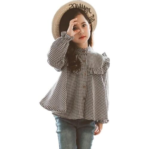 Spring Shirt Girl Cartoon Plaid Blouse For Girls Ruffle Pleated Kids Blouse For Girls Autumn Cute Girls Clothes For 6 8 10 12 14