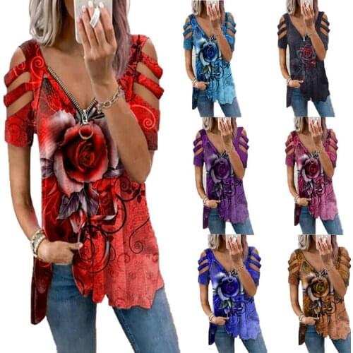 2021 Spring Summer New Floral Printed V-neck Zipper Womens Short Sleeve T-Shirt Vintage Graphic Tees Loose Plus Size T-Shirts