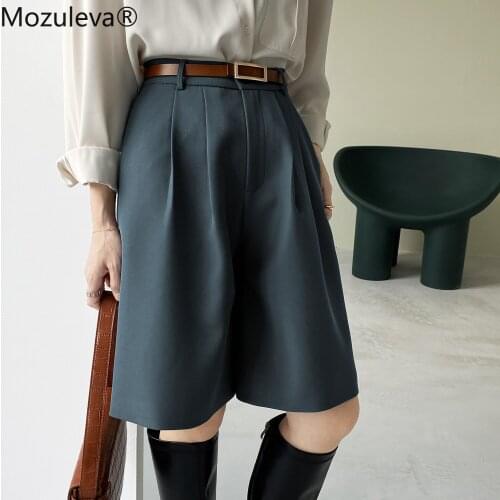 Mozuleva 2021 Women High Waist Pockets Shorts Chic Spring Summer Half Straight Suit Pants Female Ladies Loose Solid Shorts