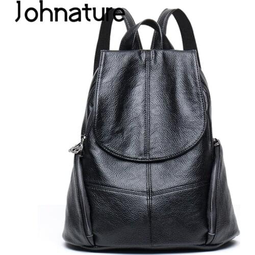 Johnature Fashion Bag 2021 New Genuine Leather Bagpack Women Large Capacity Travel Bags Leisure Solid Color Cowhide Backpack