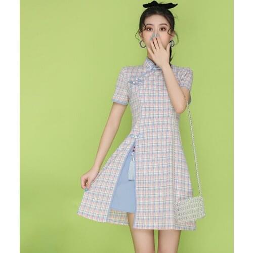Women Spring New Plaid Short-sleeved Cheongsam Fashion Retro Chinese Style Dress Irregular with Pendant Qipao Free Shipping