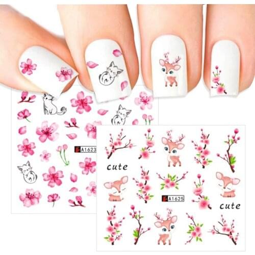 12pcs Spring Sakura Nail Water Stickers Pink Cherry Blossoms Decals Flowers Leaf Tree Summer Nails Art Decoration Sliders