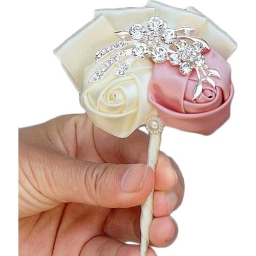 2piece/lot champagne Artificial Flower Lapel Pin Mens Wedding Boutonniere Wholesale Wedding Brooch Crystal Grooms Boutonnieres