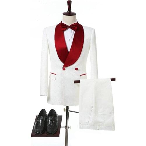 2020 Newest Double Breasted Wedding Tuxedos For Groom Red Shawl Lapel Two Piece Custom Made Formal Men Suits (Jacket + Pants)