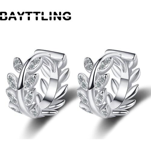 BAYTTLING 925 Sterling Silver 13MM Luxury Gold/Silver Leaf Circle Hoop Earrings For Women Fashion CZ Zircon Jewelry Gifts